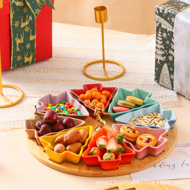 Christmas tree dried fruit plate household ceramic grid plate nut melon seeds dried fruit bowl snack plate Christmas snack plate Christmas tree dried fruit plate household ceramic grid plate nut melon seeds dried fruit bowl snack plate Christmas snack plate