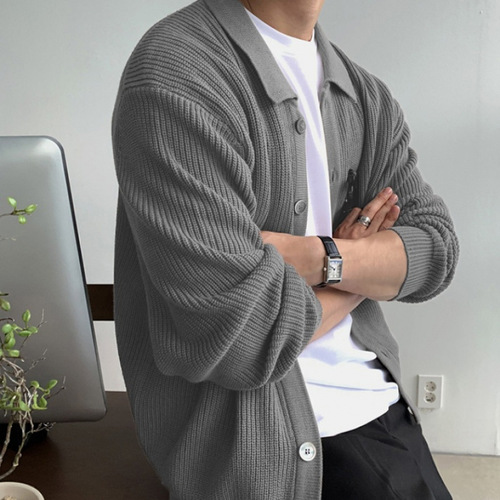 Men's High-End Knit Cardigan Jacket, Spring and Autumn Korean Version, Trendy Casual Collar Woolen Coat in Navy Blue