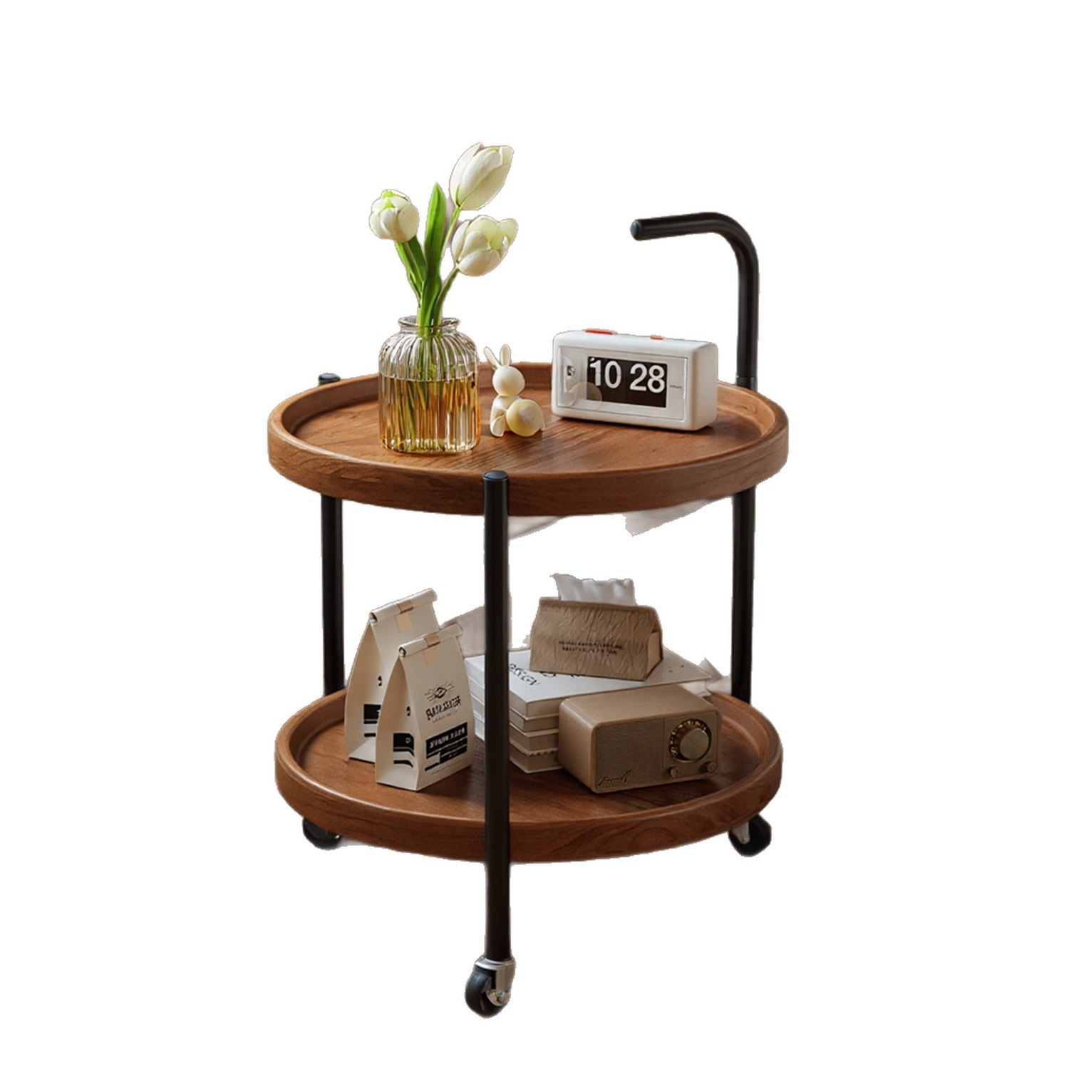 Mesa de té de doble capa móvil, sofá, mesa redonda, estantería doméstica, nuevo carro de balcón