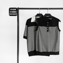 25年小禾女装夏季新款麻丝混纺翻领针织条纹短袖衬衫班纽设计背心