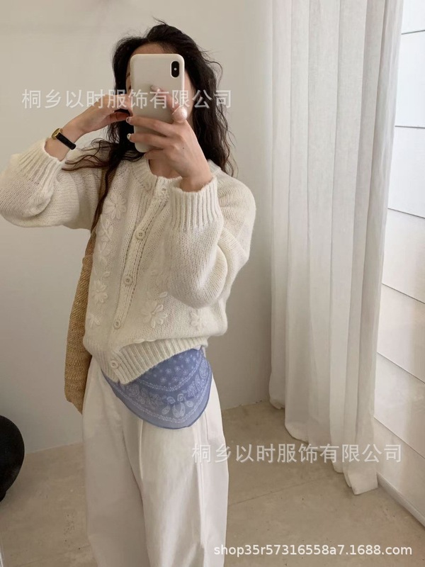 以时 秋冬戏弄韩系重工绣花针织开衫女 圆领花朵刺绣毛衣外套女|undefined