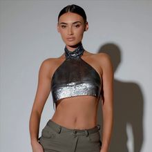 欧美夏季时尚女装金属亮片高领吊带小背心潮人无袖性感上衣女内搭