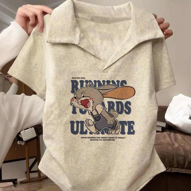 Pure Cotton Polo Collar Short-Sleeved T-Shirt for Women 2025 Summer Design Niche Pleated Waist Hot Girl Right Shoulder Top