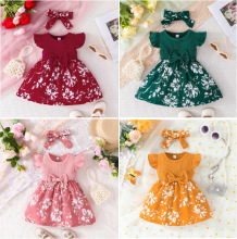 欧美小女孩蝴蝶结飞飞袖连衣裙宝宝可爱拼接裙+头巾两件套花朵