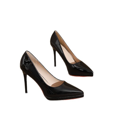 Small man shows height black red sole super high heels 2025 new fashionable thin heeled patent leather single-layer shoes pointed professional shoes