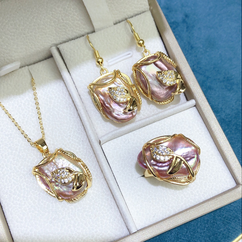 6g Weight Gold Plated Plating Material Elegant Irregular Leaf Freshwater Pearl Copper Gold Plated Rings Earrings Necklace In Bulk