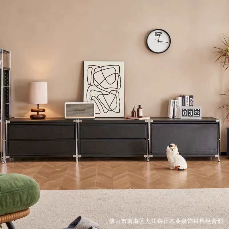 Bauhaus Style Solid Wood Tv Cabinet with Integrated Storage Cabinet for Small Living Rooms, Stainless Steel Shelf, Simple Design