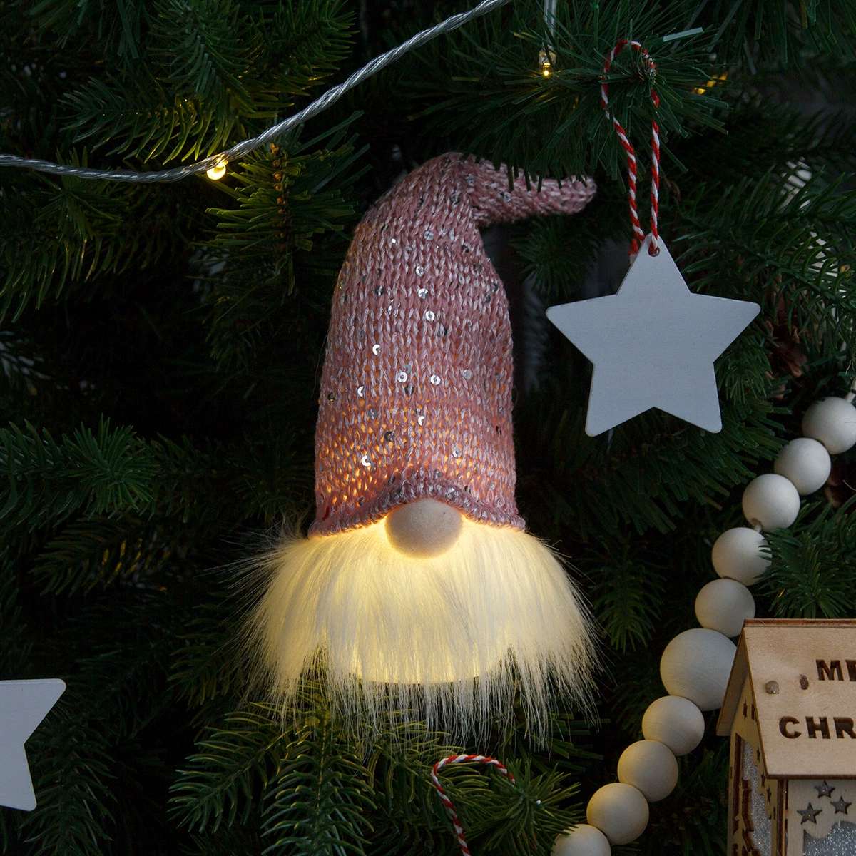 Christmas gnome night light pendant, knitted hat LED decoration, warm glow, single or 5‑pack