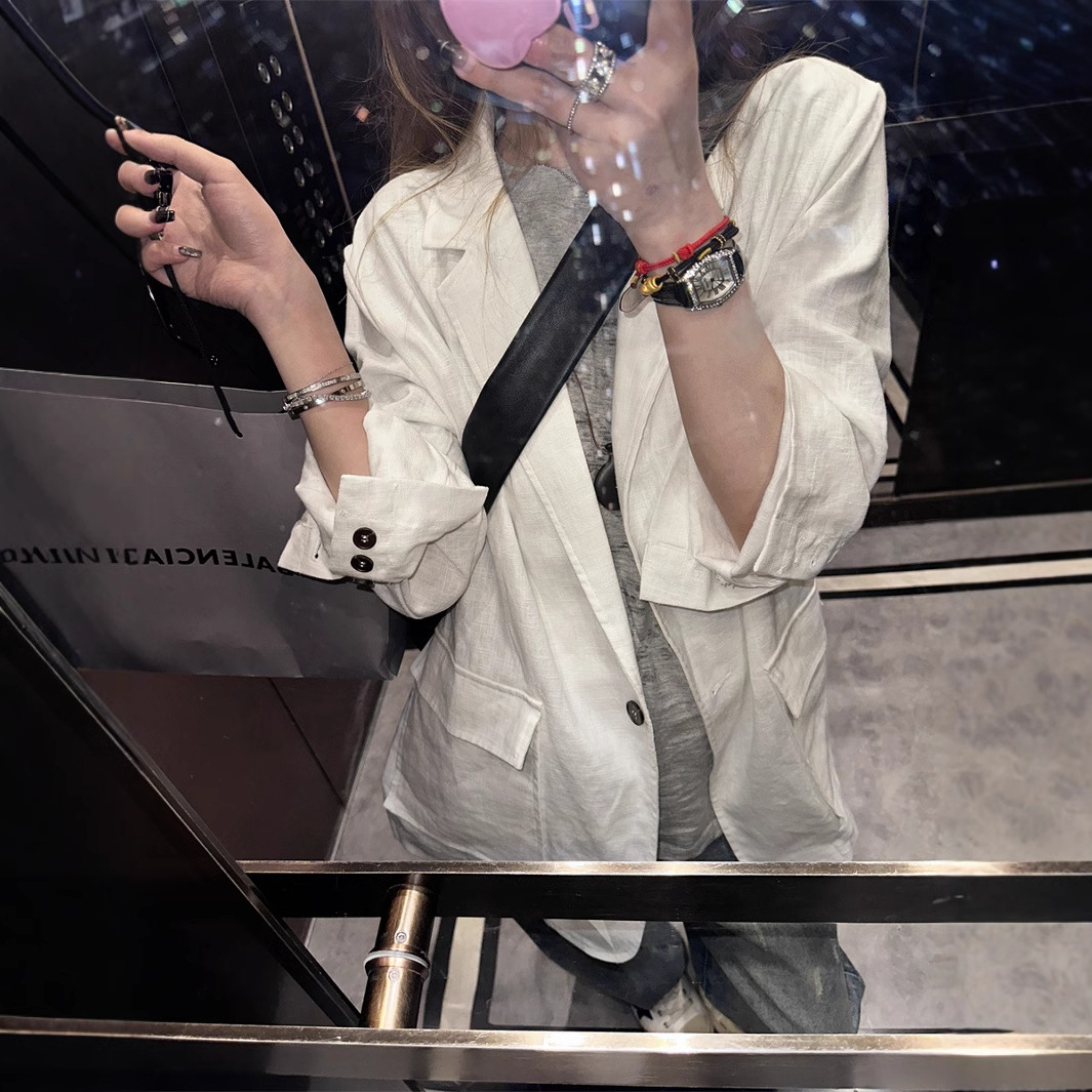 White Ramie Lazy Casual Suit Jacket Women's Shoulder Without Pad