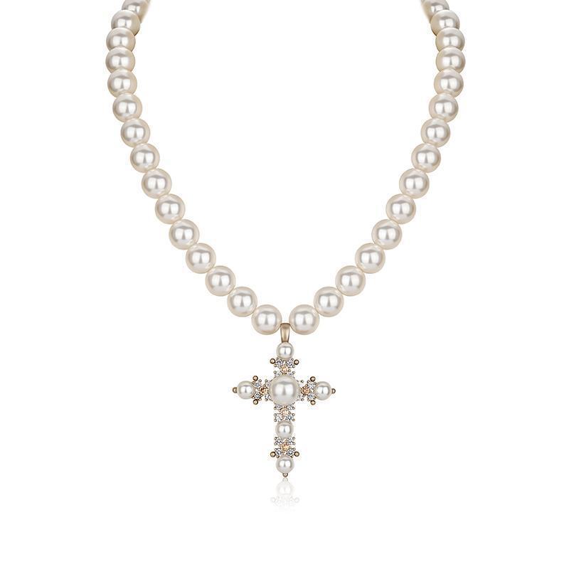 Collana con croce e perle barocche stile vintage uomo donna_voghion.com
