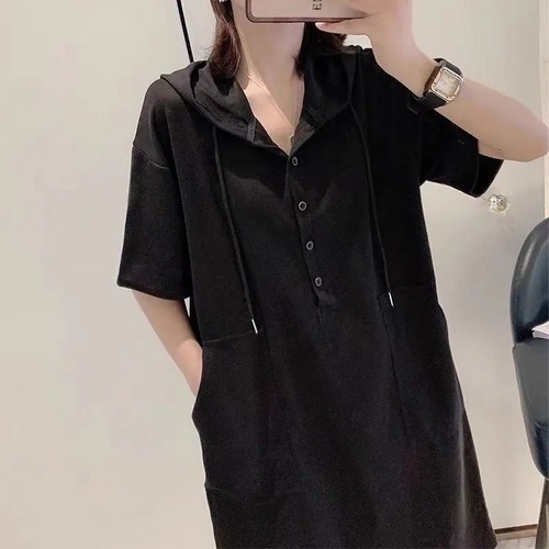 Summer New Solid Color A-line Hooded Casual Plus Size Dress European Style Short Sleeve T-shirt Dress Medium-long Length Skirt Trendy