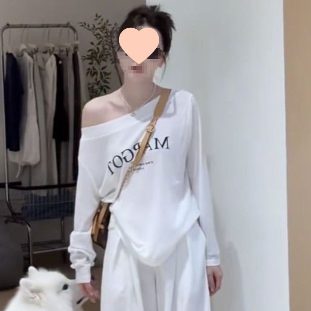 时尚一整套女感2025新款印花斜肩长袖休闲风阔腿裤两件套白色上衣|undefined