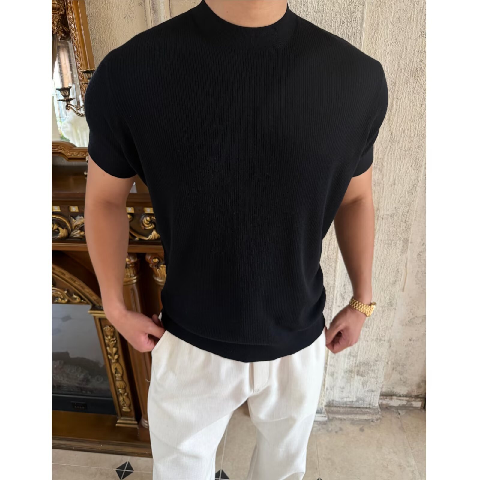 Camiseta de punto de manga corta camiseta textural hombre viejo estilo de hielo alto traje de verano de seda interior fábrica transfronteriza al por mayor
