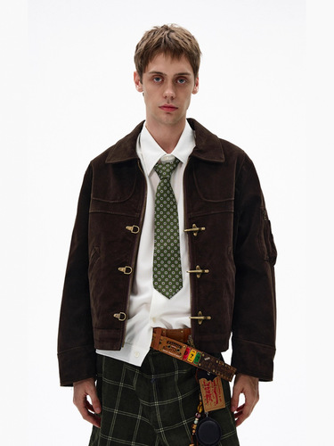 Dark Brown American Retro Short Jacket Men's Spring and Autumn New Style Handsome Shoulder Distressed Lapel Airplane Button Jacket