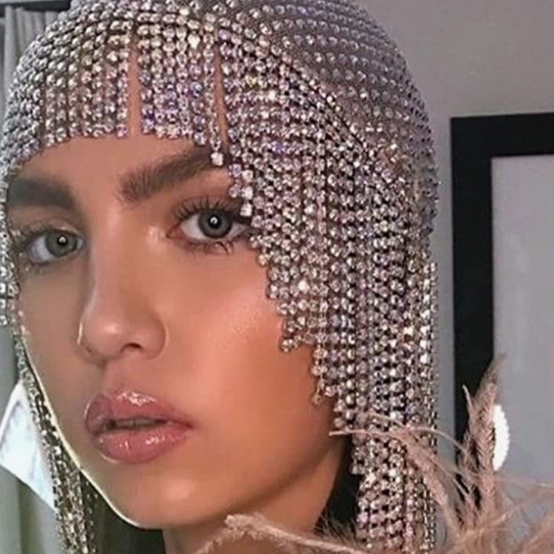 Nueva moda borla Cadena de pelo europeo y americano sexy exagerado rhinestone borla pelo neto tocado todo-fósforo cadena de la joyería