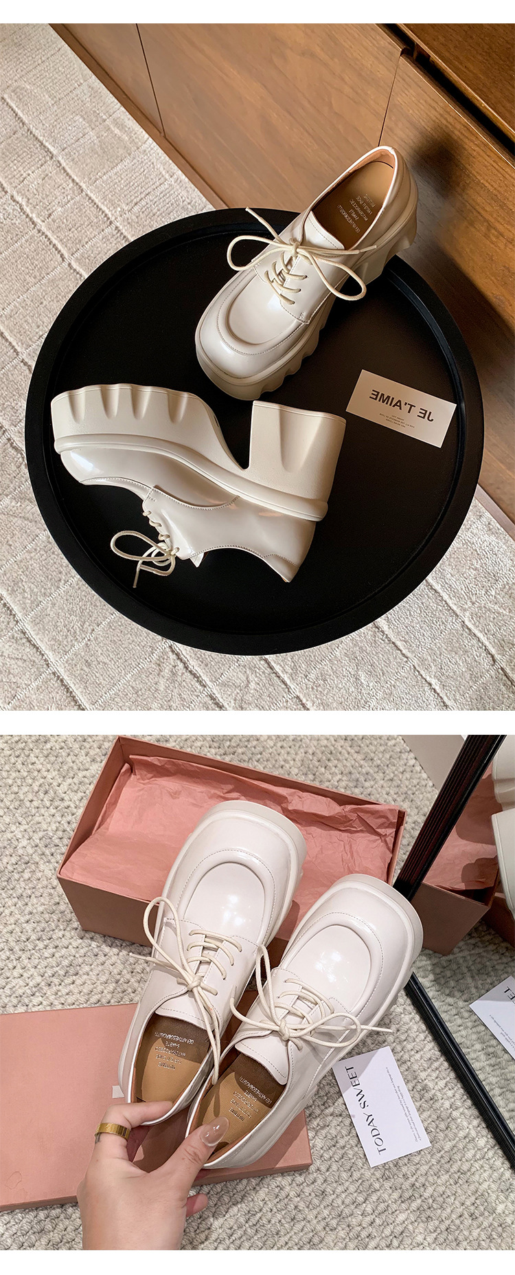 Giày loafer nữ đế xuồng platform gót vuông dây buộc da thật — màu đen, màu trắng ngà chi tiết 6