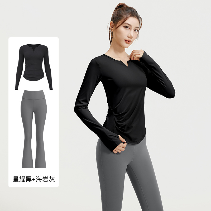 Juyitang otoño traje de yoga con cuello en v pliegues nude delgado delgado delgado traje de fitness largo mujeres