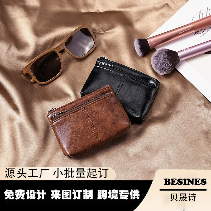 Foreign Trade Hot-Selling Oil Wax Leather Coin Purse for Women, Large Capacity Zipper Wallet with Stitched Design, Card Holder Wallet for Export