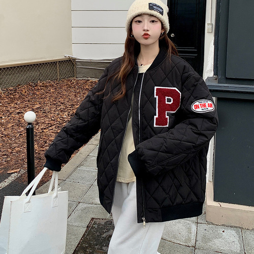 American retro diamond checkered baseball padded jacket for women in winter Korean style loose college style letter embroidered thickened jacket trendy