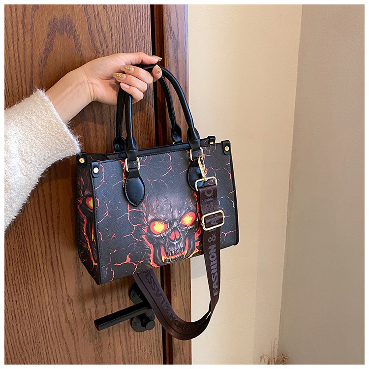 Square Shape Halloween Women's Large Pu Leather Skull Streetwear Square Zipper Tote Bag