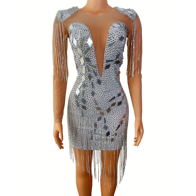 Fábrica de ropa brillante cristal borla sequined sexy vestido las mujeres del club nocturno partido caliente sexo baile Falda corta