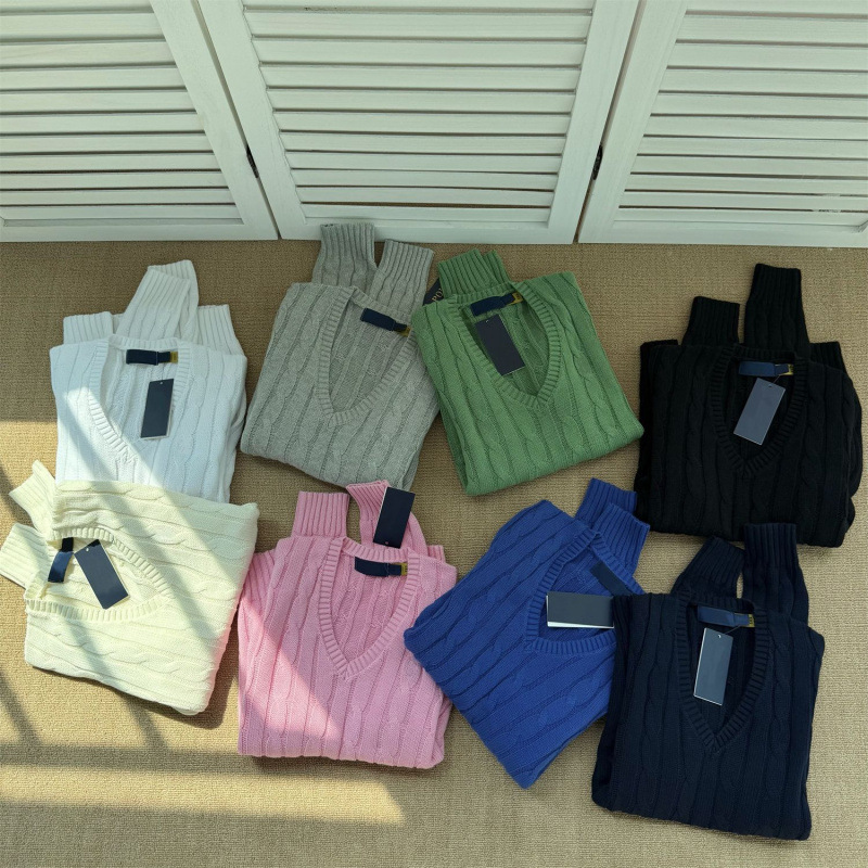 Rl Ralph Lauren Logo Embroidery Pure Cotton V-Neck Cable Knit Loose Long-Sleeve Simple Casual Sweater for Women Rl Ralph Lauren Logo Embroidery Pure Cotton V-Neck Cable Knit Loose Long-Sleeve Simple Casual Sweater for Women
