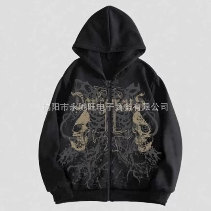 跨境潮流卫衣个性印花卫衣黑色拉链外套休闲户外可穿外套