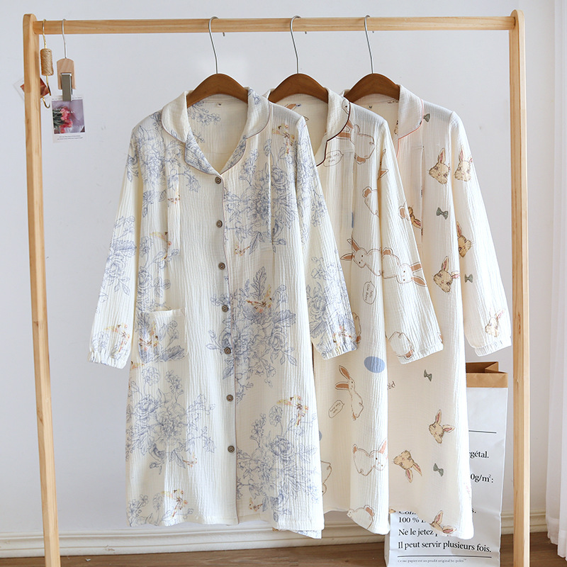 Pure Cotton Crepe Breastfeeding Nightgown Summer Thin Postpartum Pure Cotton Gauze Luna Dress Pregnant Women's Dress Pajamas Dress