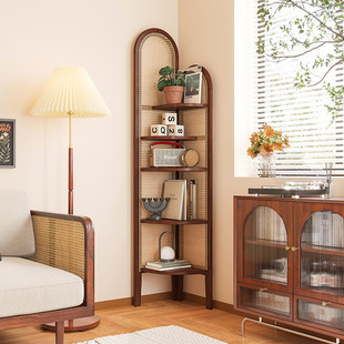 Chinese-Style Retro Solid Wood Rattan Corner Cabinet Storage Rack Living Room Sofa Wall Bookshelf Triangular Storage Cabinet Screen X&