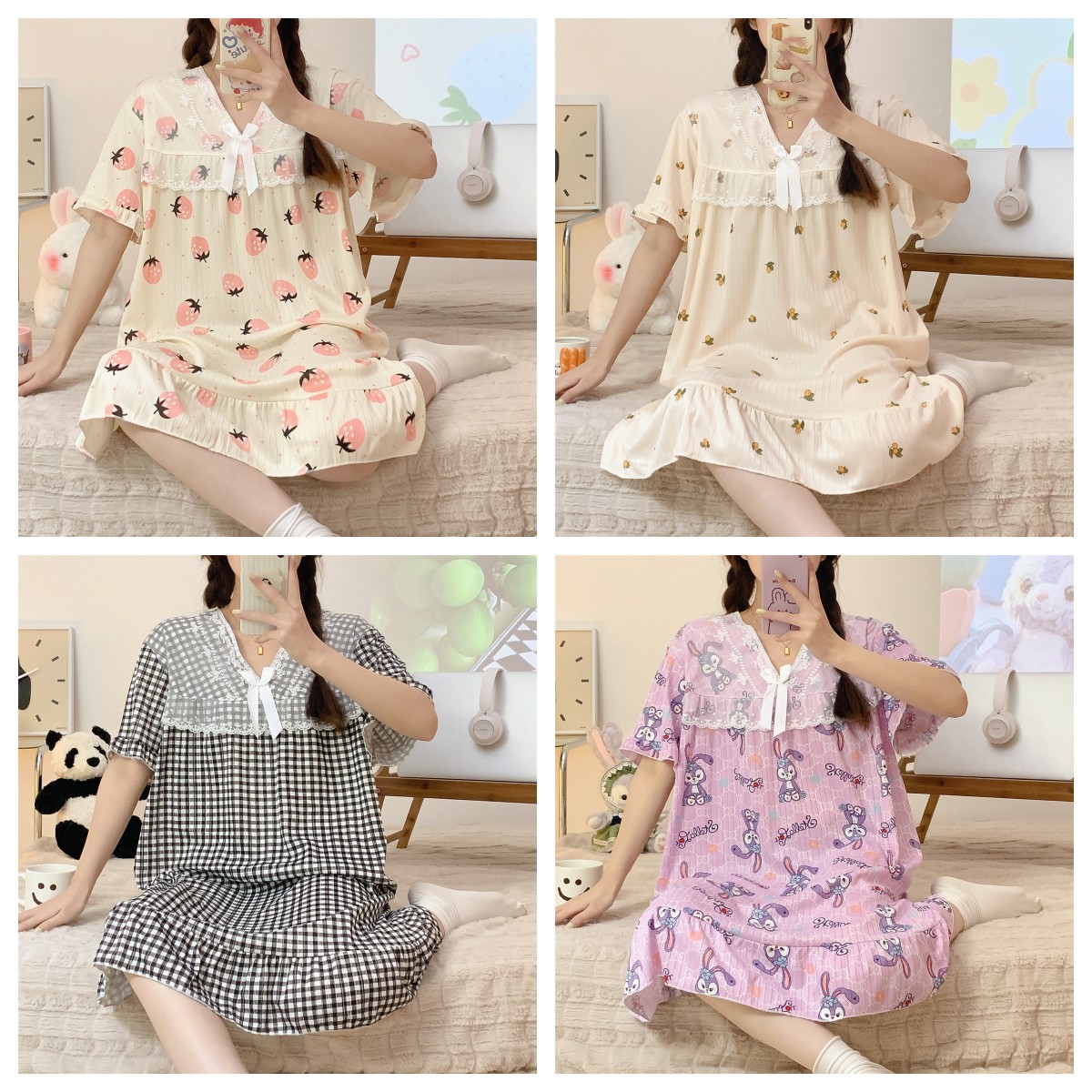 Comercio exterior verano camisón de encaje manga corta pijamas delgada dibujos animados dulce lindo estudiante seda la leche desgaste del hogar