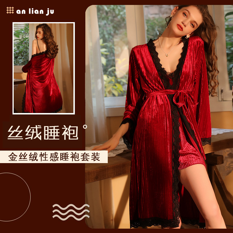 Europe and America Autumn and winter sexy Underwear Lace velvet Mosaic Cardigan pajamas Robe Home Furnishings robe wholesale 147