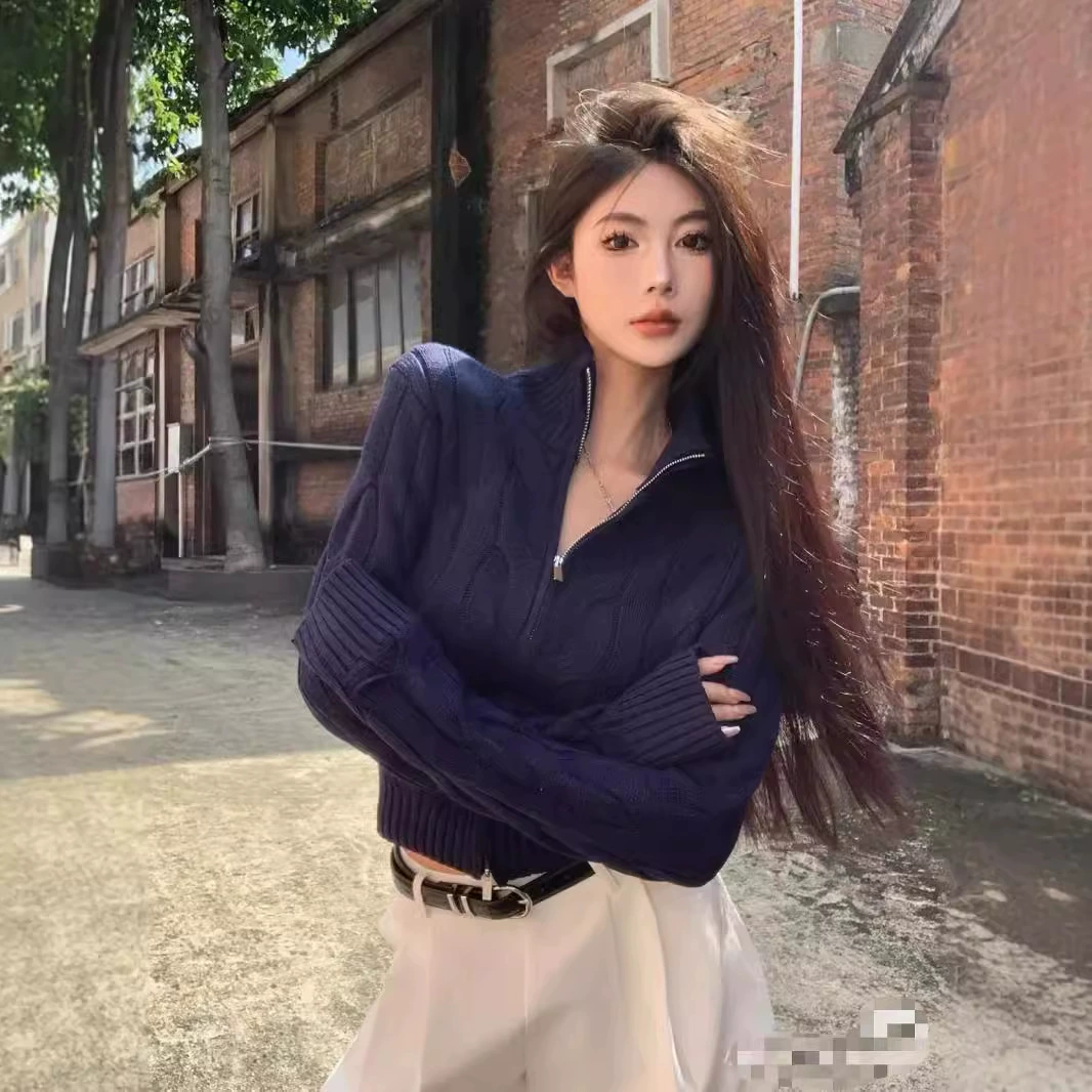 Женский вязаный кардиган Laf RL Little Horse с вышивкой, двойными карманами на молнии, узором косичка, вязаный свитер-пальто, топ с полувысоким воротом