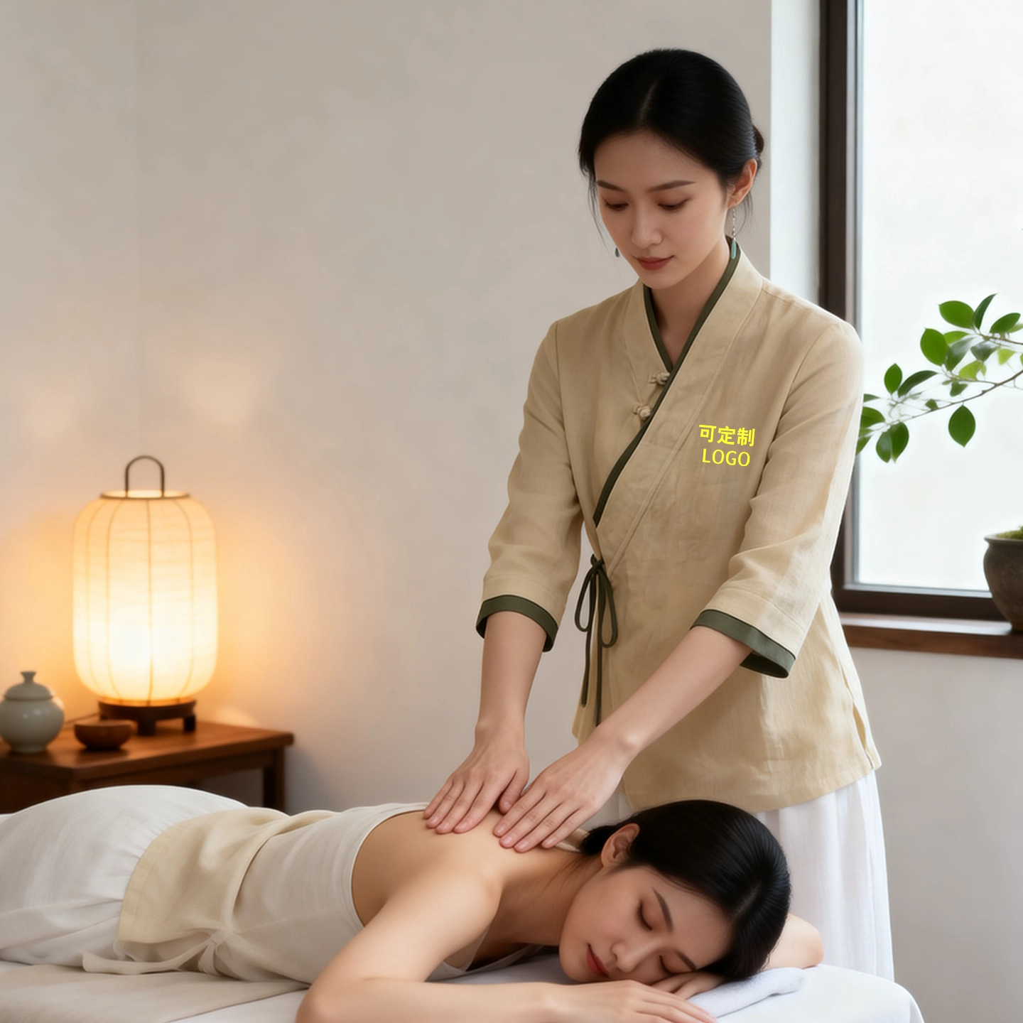 Traditional Chinese Medicine Wellness Massage Parlor Work Uniform for Women, Chinese-Style Diagonal-Collar Top, Moxibustion Therapy and Head Therapy Therapist Clothing, Customizable Logo