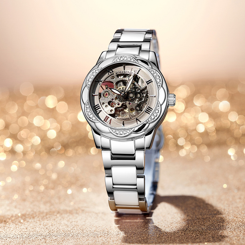 Fashion double-sided hollow automatic women's mechanical watch waterproof embossed Sun band luminous ceramic steel strap watch