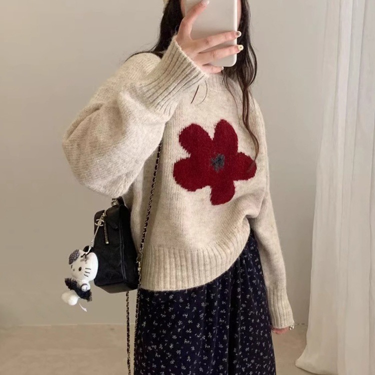 韩系甜美减龄花朵圆领长袖毛衣女秋冬日系软糯外穿内搭针织衫上衣|undefined
