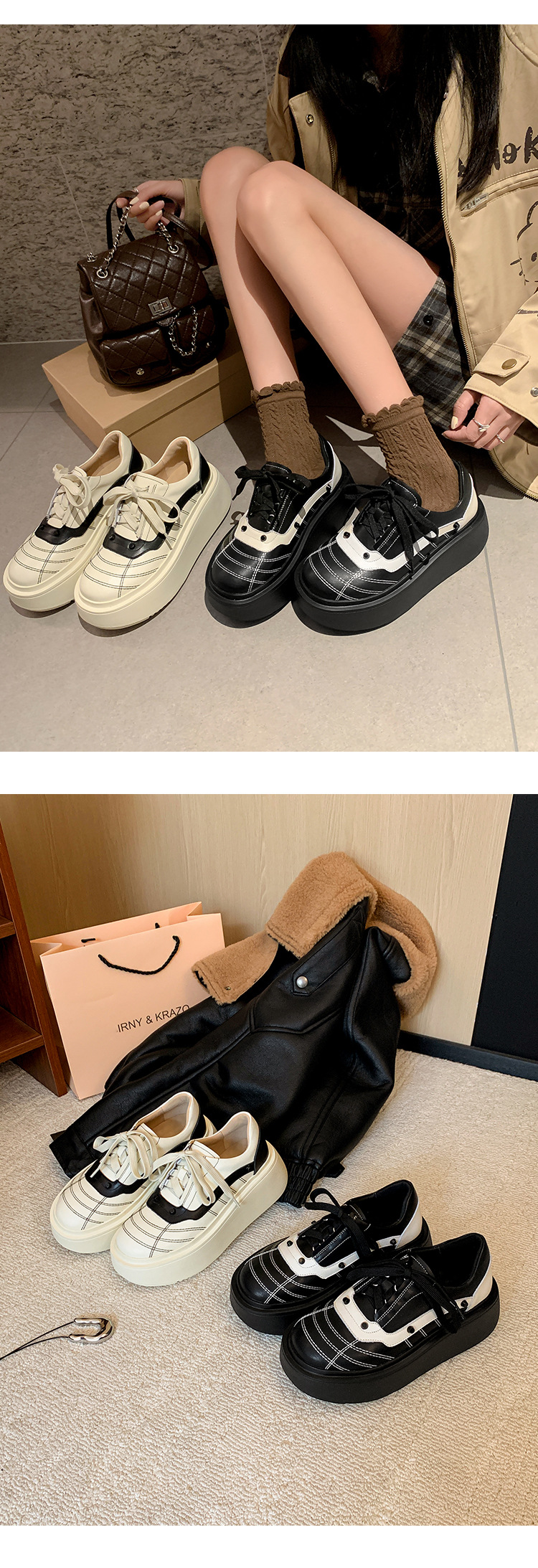 Giày sneaker nữ đế dày da bò phối màu dây buộc phong cách thể thao — màu đen chi tiết 18