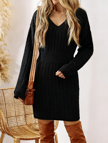 European and American Hot-Selling Long-Sleeved Knitted Sweater Dress—Sexy Hollow-Out V-Neck Outerwear Slim-Fit Hip-Hugging Skirt—Dopamine