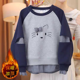 女孩长袖插肩袖童套装中大童拼接格纹衬衫假两件卡通甜美卫衣衫潮