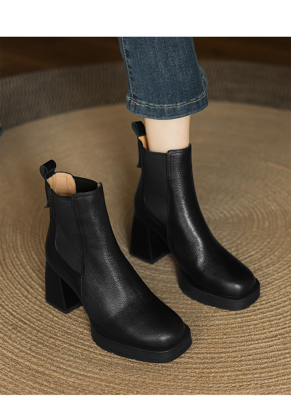 Boot Chelsea cổ ngắn mũi vuông da dê mềm, gót dày platform, phong cách cổ điển, dáng slip-on thu đông — nhung đen, Nhung nâu, Lớp lót đơn màu đen, Lớp lót đơn màu nâu chi tiết 6