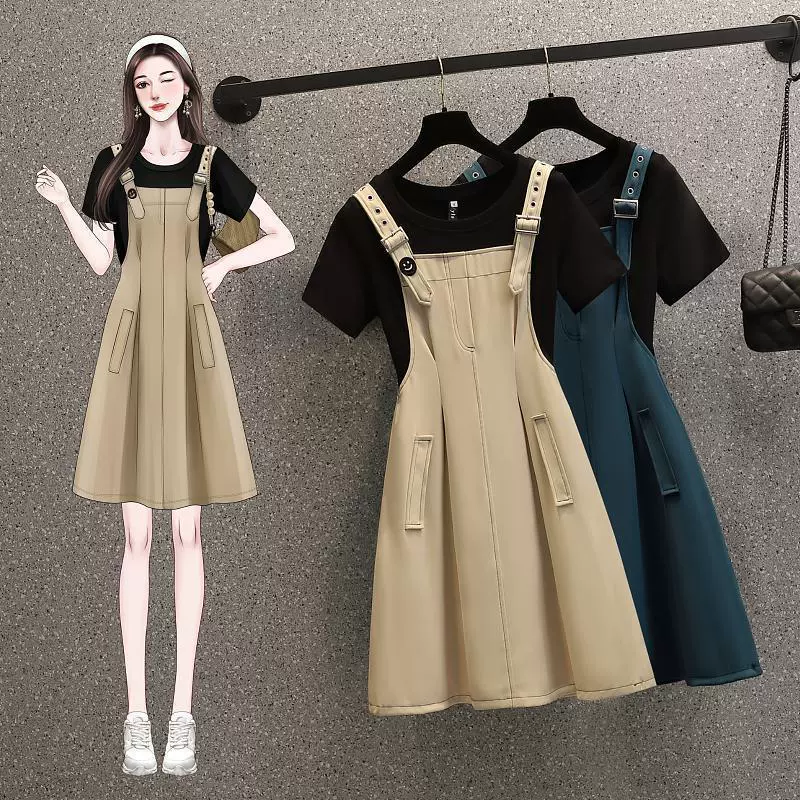 Платье с ремешком Поддельные две части Amoi плюс размер темперамент модный дизайн