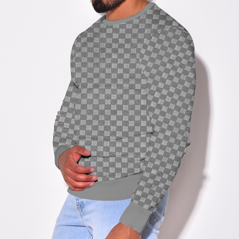 2024 Men's Spring and autumn  men's knitted shirt with jacquard chessboard plaid round neck casual bottom long sleeved top_voghion.com