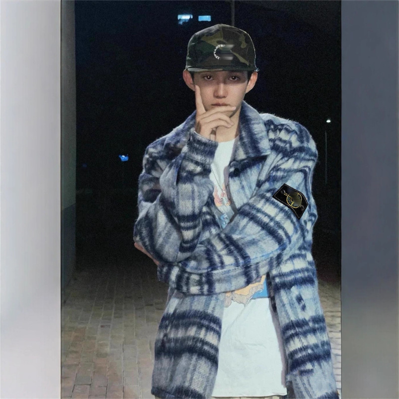 跨境Stone Island 石头岛男女重磅毛呢格纹经典袖章翻领棉服外套|undefined