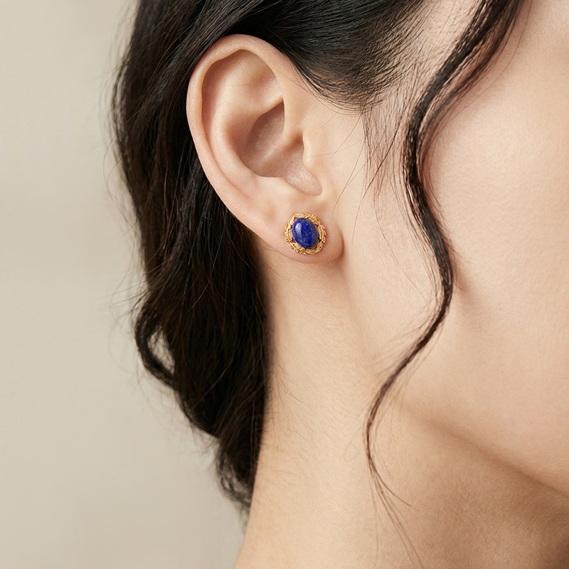 Bông tai bạc S925 mạ vàng đính đá Lapis Lazuli hình trứng vintage — Cặp đôi