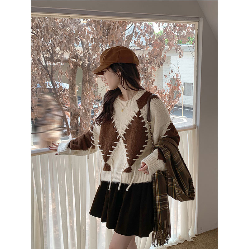 独特设计小众菱格抽绳毛衣女2025年秋冬随性风拼接撞色针织衫上衣|undefined