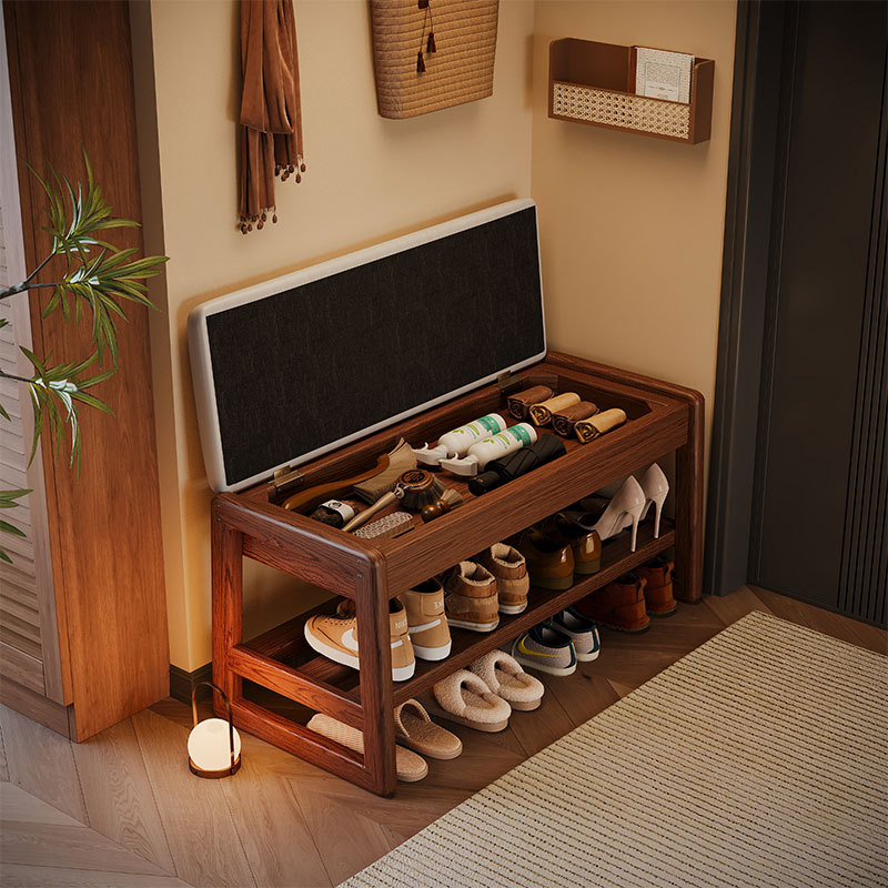 Taburete de cambio de zapatos de madera sólida, taburete de almacenamiento doméstico, taburete de zapatos, taburete de asiento integrado, taburete de almacenamiento de zapatos, taburete de asiento integrado image 1