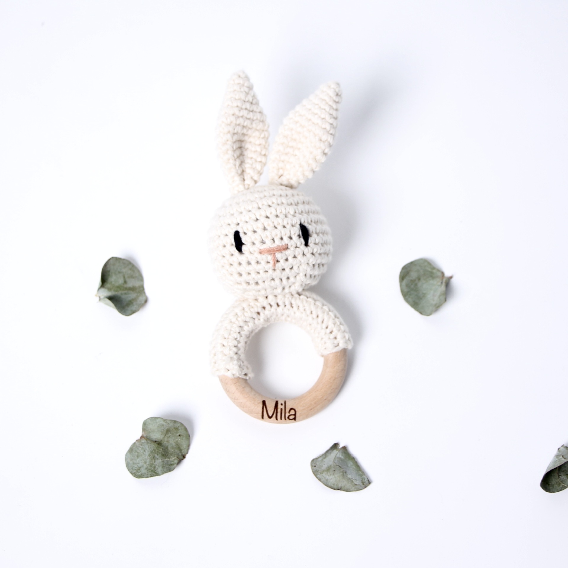 Crochet Rattle Baby Animal Conejo Pascua Crochet Meced Wood Hecho a mano Juguete tranquilizador