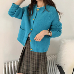 毛衣宽松慵懒女圆领纯色百搭宽松韩系卷边口袋毛衣针织开衫A7024