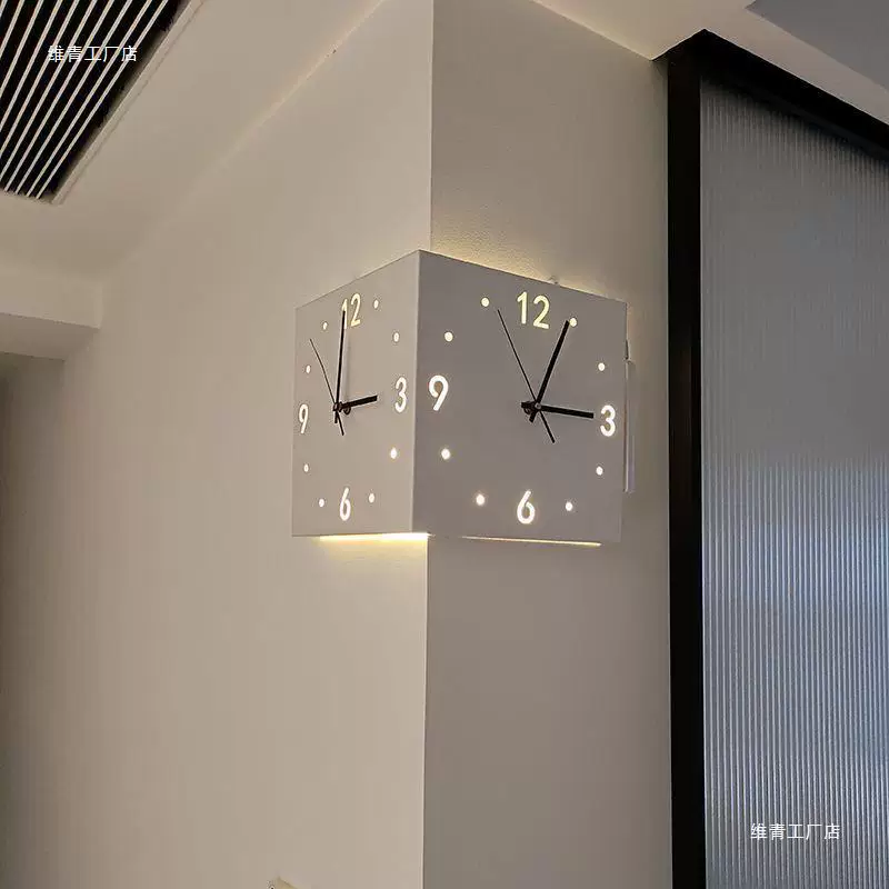 Corner Double-Sided Wall Clock, Two-Face Silent Design, LED Induction Options, Multi-Color