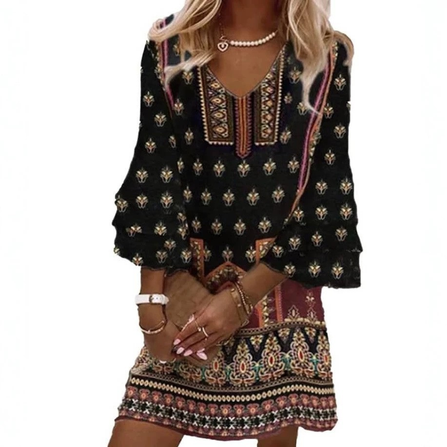Nuevo estilo transfronterizo europeo y americano Amazon AliExpress Wish estampado fresco con cuello en V 3/4 manga mini vestido de mujer image 44