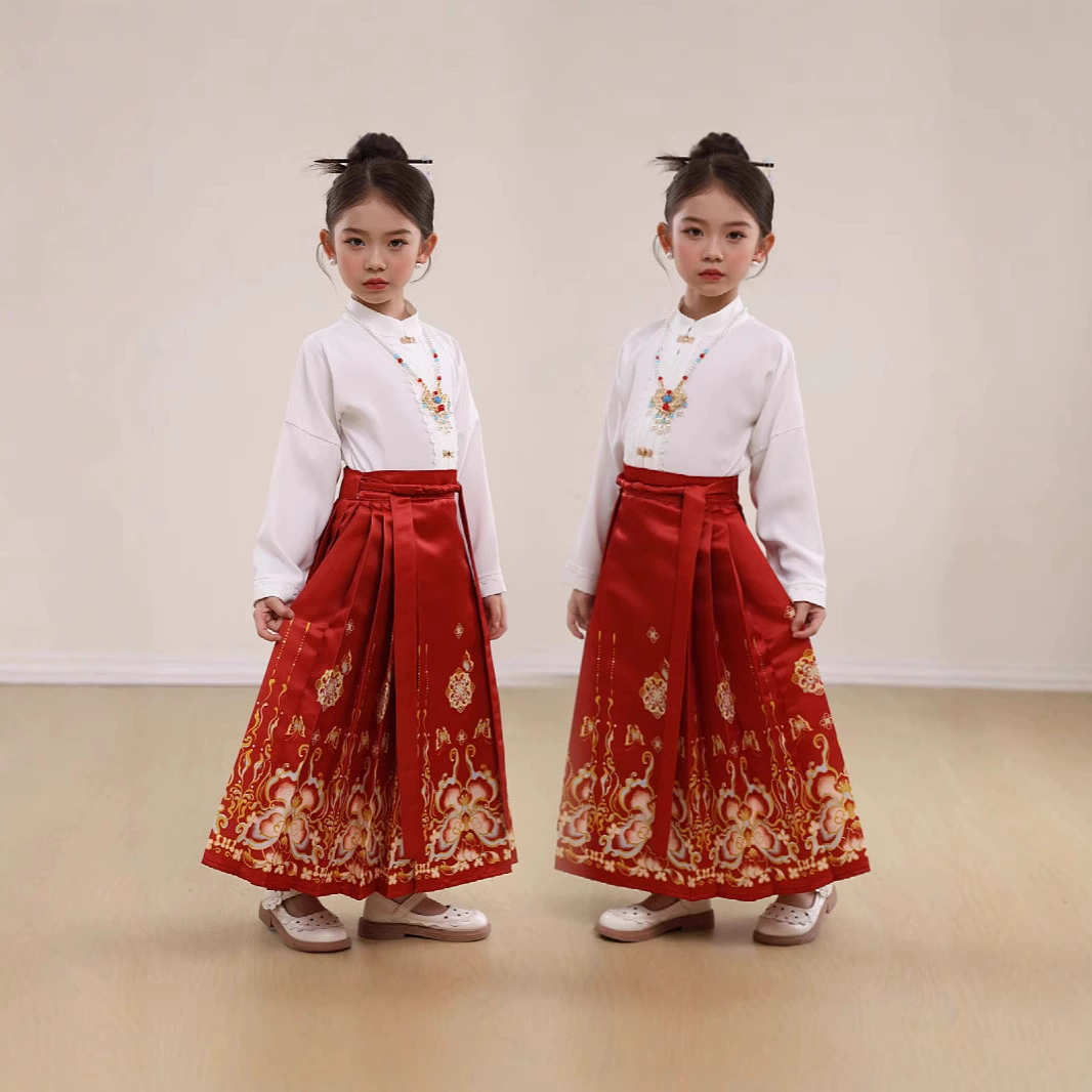 Юбка с конским лицом Guo Wind Spring и осень 2024 новый Hanfu Girла Tang Kids Children Horse Юбка с конским лицом женский костюм Новый китайский стиль